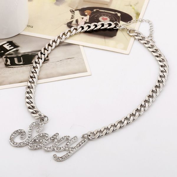 wholesale- luxury designer exaggerated metal chain diamond rhinestone letter pendant choker statement necklace for women, Silver
wholesale- luxury designer exaggerated metal chain diamond rhinestone letter pendant choker statement necklace for women, Silver