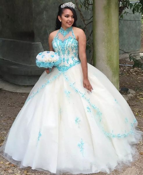 charming appliqued ball gown quinceanera dresses halter neck beaded sweet 16 dress tulle floor length sequined corset masquerade gowns, Blue;red
charming appliqued ball gown quinceanera dresses halter neck beaded sweet 16 dress tulle floor length sequined corset masquerade gowns, Blue;red