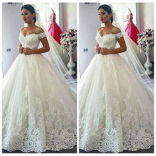 2020 off shoulder short sleeves lace appliques a-line wedding dresses bridal gowns lace up back formal long vestidos de marriage customized, White
2020 off shoulder short sleeves lace appliques a-line wedding dresses bridal gowns lace up back formal long vestidos de marriage customized, White