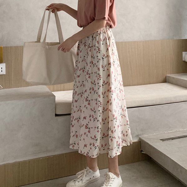 2020 summer skirt women high waist fashion retro beach printed chiffon skirt female elegant beach bohemia new, Black