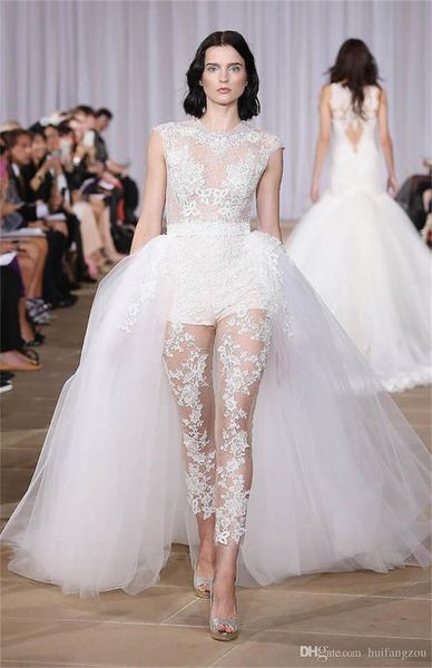 illusion jumpsuit wedding dresses with lace 2020 two in one detachable train long sleeve illusion tulle overskirt bridal gowns, White
illusion jumpsuit wedding dresses with lace 2020 two in one detachable train long sleeve illusion tulle overskirt bridal gowns, White