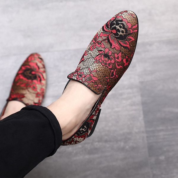 

errfc luxury red leisure dress shoes men british designer pointed toe embroidered flower slip on loafer shoes plus size 47 48, Black