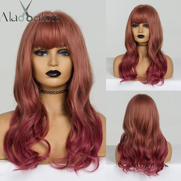 

alan eaton ombre brown red wig long wavy synthetic wigs with bangs for black women heat resistant wig lolita cosplay