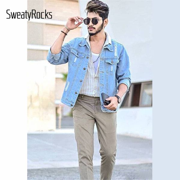 sweatyrocks men ripped solid denim jacket streetwear blue coats 2019 autumn single breasted casual solid bomber jackets, Black;brown
sweatyrocks men ripped solid denim jacket streetwear blue coats 2019 autumn single breasted casual solid bomber jackets, Black;brown