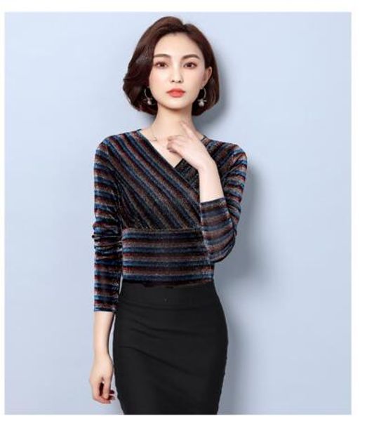 mesh bottoming shirt women's long sleeve striped v-neck slim bottoming shirt, White 
mesh bottoming shirt women's long sleeve striped v-neck slim bottoming shirt, White