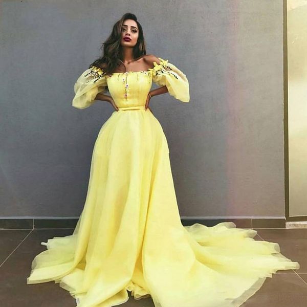 robe de soiree saudi arabic yellow evening dresses off the shoulder appliques formal abiye puffy sleeves party dress, Black;red
robe de soiree saudi arabic yellow evening dresses off the shoulder appliques formal abiye puffy sleeves party dress, Black;red