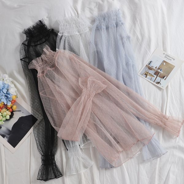 women summer flare sleeve embroidery lace polka dot basic shirt casual high waist pullover mesh gauze ruffles voile blouse, White 
women summer flare sleeve embroidery lace polka dot basic shirt casual high waist pullover mesh gauze ruffles voile blouse, White