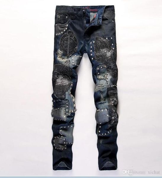 men's embroidery straight jeans fashion designer mens patch rivet jeans slim night club causal mens denim pants hip hop men jeans, Blue
men's embroidery straight jeans fashion designer mens patch rivet jeans slim night club causal mens denim pants hip hop men jeans, Blue