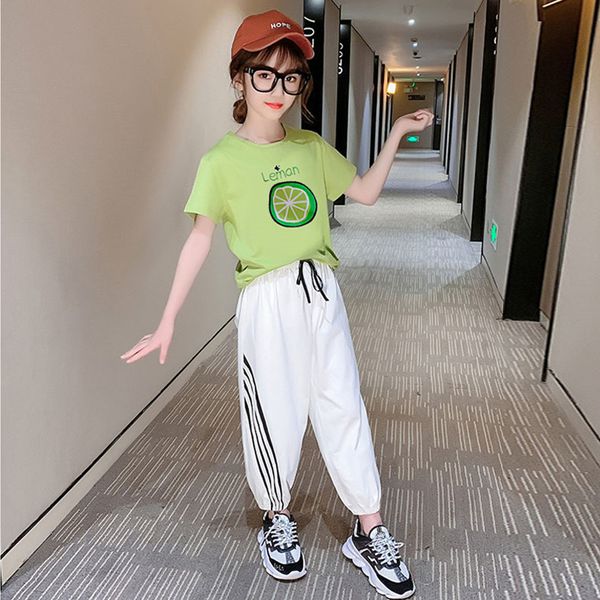 child girls clothing set 2020 summer teen girls sport suit lemon tshirt + striped pants school kids tracksuit for clothes, White 
child girls clothing set 2020 summer teen girls sport suit lemon tshirt + striped pants school kids tracksuit for clothes, White