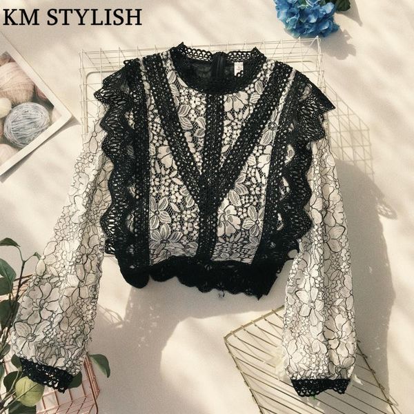thai tide brand style stand collar contrast color hollowed out wave pattern lace long sleeve women's short shirt top, White
thai tide brand style stand collar contrast color hollowed out wave pattern lace long sleeve women's short shirt top, White