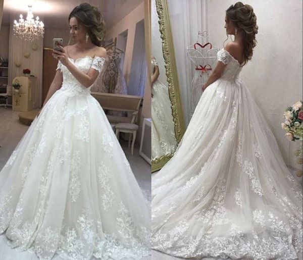 2022 ball gown off-the-shoulder short sleeve court train tulle wedding dress with appliqued bridal ball gowns vestidos de novia, White
2022 ball gown off-the-shoulder short sleeve court train tulle wedding dress with appliqued bridal ball gowns vestidos de novia, White