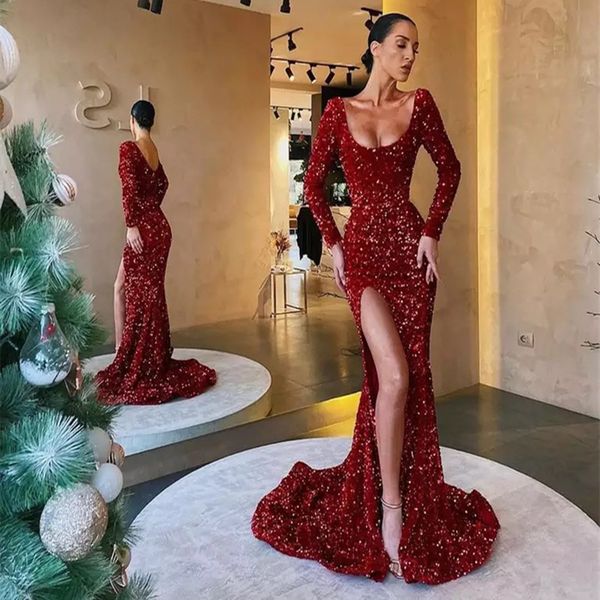 2020 burgundy o-neck long sleeves sequined evening dress hight slit mermaid prom dress vestido de noche le40742, White;black
2020 burgundy o-neck long sleeves sequined evening dress hight slit mermaid prom dress vestido de noche le40742, White;black