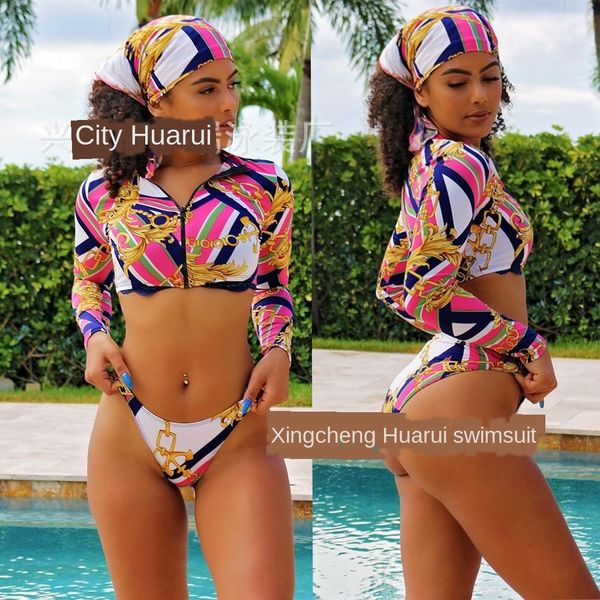2019 long sleeve three-piece suit with scarf bikini scarf bikini printed split zipper swimsuit, White;black
2019 long sleeve three-piece suit with scarf bikini scarf bikini printed split zipper swimsuit, White;black