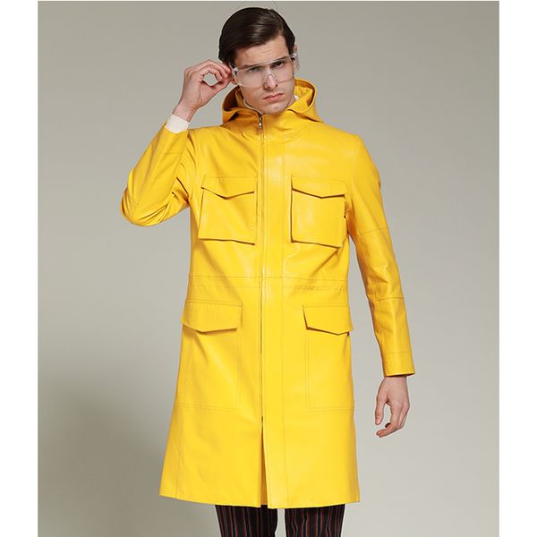 fashion bright yellow long leather jacket for men spring autumn genuine leather clothing hooded sheepskin coat, Black
fashion bright yellow long leather jacket for men spring autumn genuine leather clothing hooded sheepskin coat, Black
