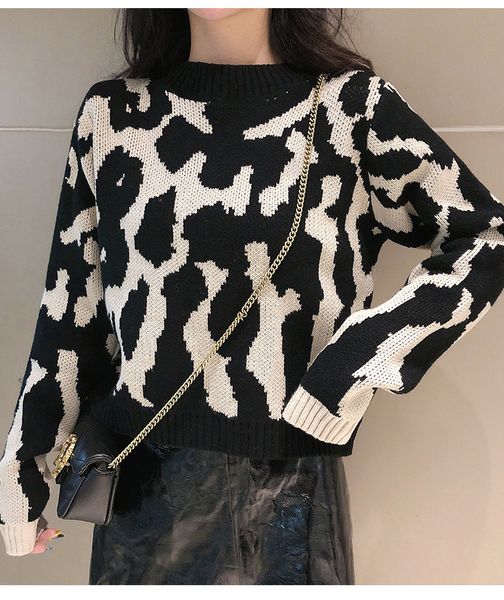 new fashion party knitted sweater round neck sweater leopard stitching ladies winter warm gift, White;black
new fashion party knitted sweater round neck sweater leopard stitching ladies winter warm gift, White;black