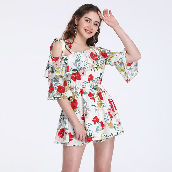 women playsuits summer 2019 sweet style loose floral print ruffled neck flare half sleeve chiffon playsuit, Black;white 
women playsuits summer 2019 sweet style loose floral print ruffled neck flare half sleeve chiffon playsuit, Black;white