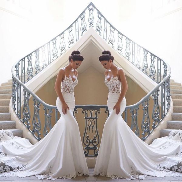 custom made beach mermaid wedding dresses satin lace applique backless sweep train bridal gowns, White
custom made beach mermaid wedding dresses satin lace applique backless sweep train bridal gowns, White