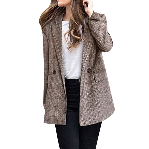 

vintage double breasted office ladies plaid blazer long sleeve loose houndstooth suit coat jacket women blazers female 2019 #b, Black;brown