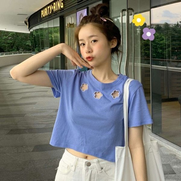 women's t-shirt women hollow round neck solid color sweet but style for female feme, White
women's t-shirt women hollow round neck solid color sweet but style for female feme, White
