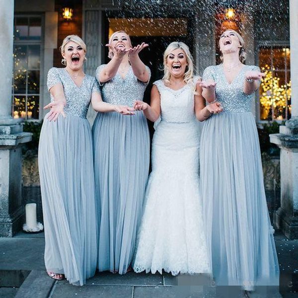 2020 dusty blue bridesmaid dresses short sleeves v neck silver sequins ankle length country wedding maid of honor gown custom made plus size, White;pink
2020 dusty blue bridesmaid dresses short sleeves v neck silver sequins ankle length country wedding maid of honor gown custom made plus size, White;pink