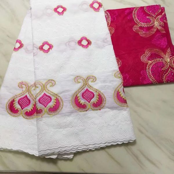 

5Yards Fashion white african cotton fabric with nice pattern embroidery and 2yards fuchsia blouse net lace set for dress BC73-8
