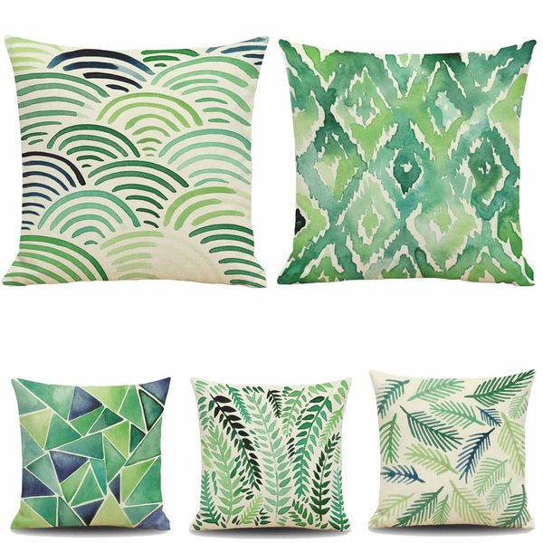 

nordic green plant leaves cushion cover cotton linen throw pillow cover decorative geometry pillow case almofadas 45x45cm