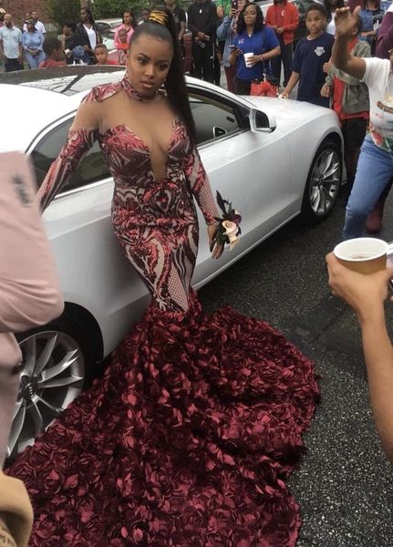 burgundy mermaid prom dresses 2019 long sleeves see through lace 3d flowers evening gowns formals wear sweep train, Black
burgundy mermaid prom dresses 2019 long sleeves see through lace 3d flowers evening gowns formals wear sweep train, Black