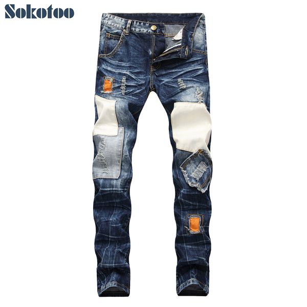 sokotoo men's patchwork ripped slim straight jeans plus size vintage patches holes distressed denim beggar pants, Blue
sokotoo men's patchwork ripped slim straight jeans plus size vintage patches holes distressed denim beggar pants, Blue