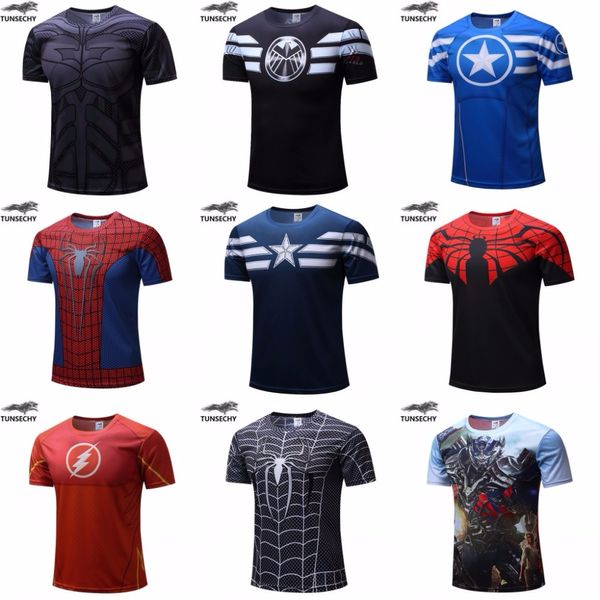 

бесплатная доставка +2018 футболка супермен / бэтмен / человек-паук / капитан америка / hulk / iron man / т рубашки мужчин фитнес рубашки му, White;black