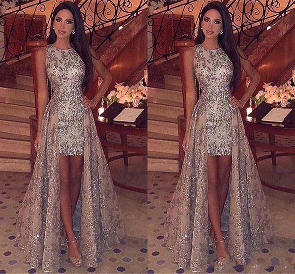 sparkly sequins sheath short prom dresses 2019 jewel neck sleeveless formal party evening gowns with detachable overskirts pd88, Black
sparkly sequins sheath short prom dresses 2019 jewel neck sleeveless formal party evening gowns with detachable overskirts pd88, Black