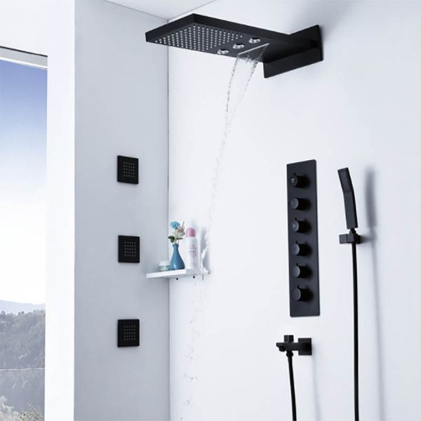 3 ways rain waterfall rotating water wall mounted bathroom shower faucet system black finish thermostatic valve mixing controller
3 ways rain waterfall rotating water wall mounted bathroom shower faucet system black finish thermostatic valve mixing controller