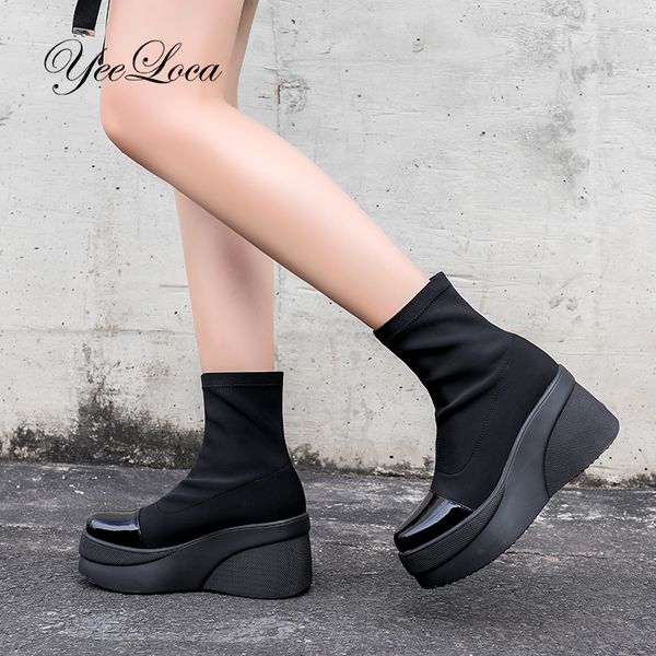wedge sock boots women high heels platform women winter ankle boots short plush elastic fabric slip on shoes, Black
wedge sock boots women high heels platform women winter ankle boots short plush elastic fabric slip on shoes, Black