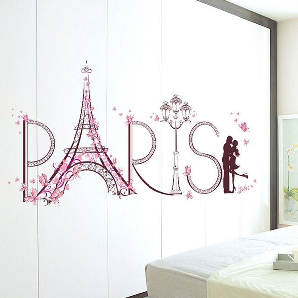

Home Wall Sticker Romantic Love For Paris Eiffel Tower Pink Butterfly Flower Decals