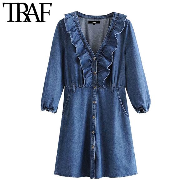 traf women chic fashion ruffled denim mini dress vintage v neck three quarter sleeve female dresses vestidos mujer, Black;gray
traf women chic fashion ruffled denim mini dress vintage v neck three quarter sleeve female dresses vestidos mujer, Black;gray