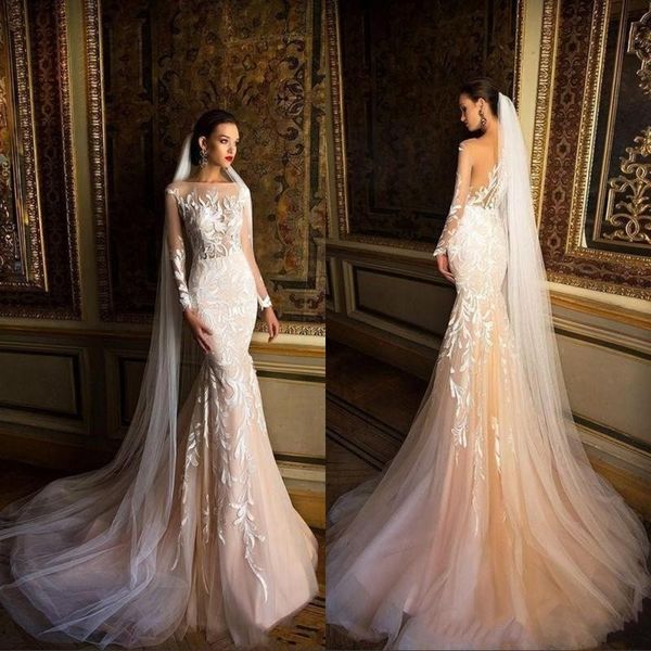 vintage wedding dresses mermaid illusion bateau long sleeve lace appliqued champagne wedding gown sweep train, White
vintage wedding dresses mermaid illusion bateau long sleeve lace appliqued champagne wedding gown sweep train, White