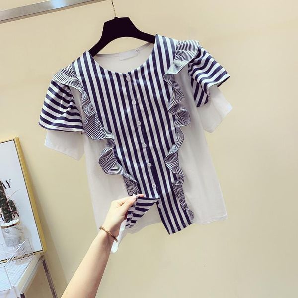 2020 summer new vertical striped panel shirt women's loose-fit short-sleeve ruffle blouse women's blusas femme blusa mujer, White
2020 summer new vertical striped panel shirt women's loose-fit short-sleeve ruffle blouse women's blusas femme blusa mujer, White