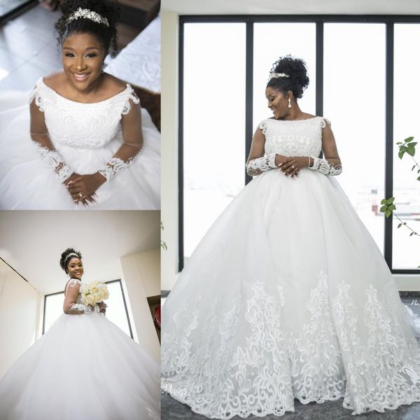 Plus Size Wedding Dresses 2019 Long Sleeve Lace Beaded Tulle