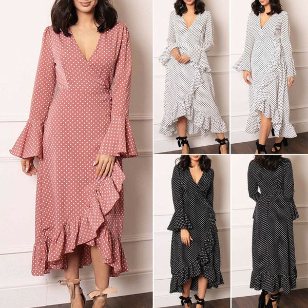 women elegant casual long sleeve v neck polka dot high waist flare sleeve ruffle slim fit beach holiday maxi dress, Black;gray
women elegant casual long sleeve v neck polka dot high waist flare sleeve ruffle slim fit beach holiday maxi dress, Black;gray