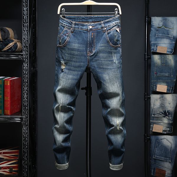 mens designer pierced slim size blue jeans