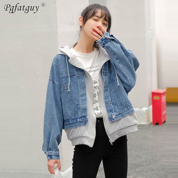 

preppy style hooded two pieces patchwork denim jacket women big pockets patchwork blue jean coat female boyfriend denim jackets, Black;brown