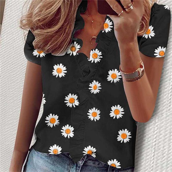 women shirt printed floral shirt elegant ruffles decor blouse heigh quality short sleeve shirts for ladies, White
women shirt printed floral shirt elegant ruffles decor blouse heigh quality short sleeve shirts for ladies, White