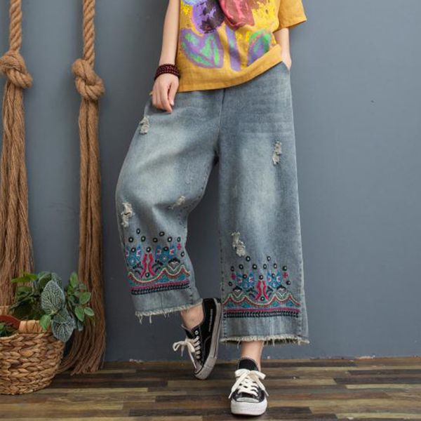 women's jeans spring ripped holes casual wide leg women ethnic embroidery washed harem denim oversize vintage straight pants mujer, Blue
women's jeans spring ripped holes casual wide leg women ethnic embroidery washed harem denim oversize vintage straight pants mujer, Blue