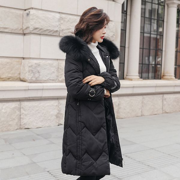 2018 winter new korean women's long section slim slimming waist large fur collar hooded jacket, Black
2018 winter new korean women's long section slim slimming waist large fur collar hooded jacket, Black