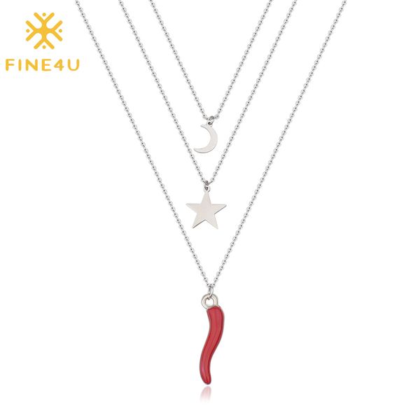 fine4u n473 stainless steel moon star red chili pendants necklace dainty multi-layer choker necklaces delicate jewelry for women, Silver
fine4u n473 stainless steel moon star red chili pendants necklace dainty multi-layer choker necklaces delicate jewelry for women, Silver
