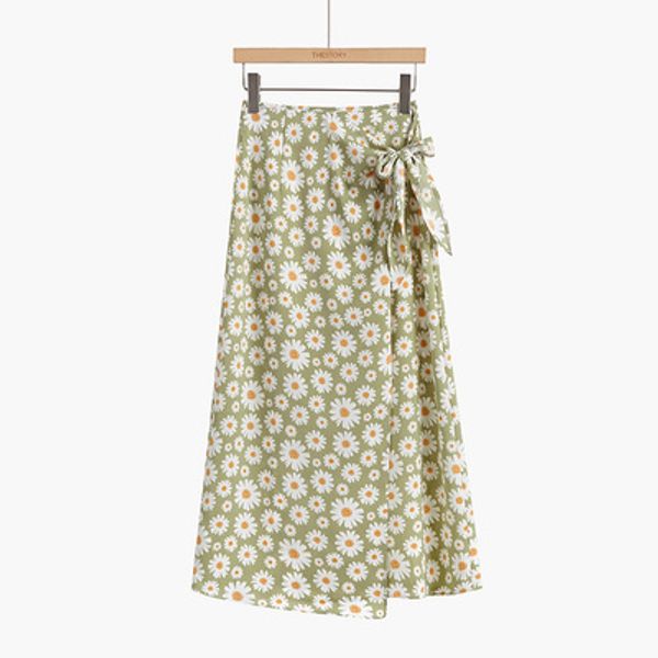 2020 summer women casual green floral print chiffon bow skirt saia, Black 
2020 summer women casual green floral print chiffon bow skirt saia, Black