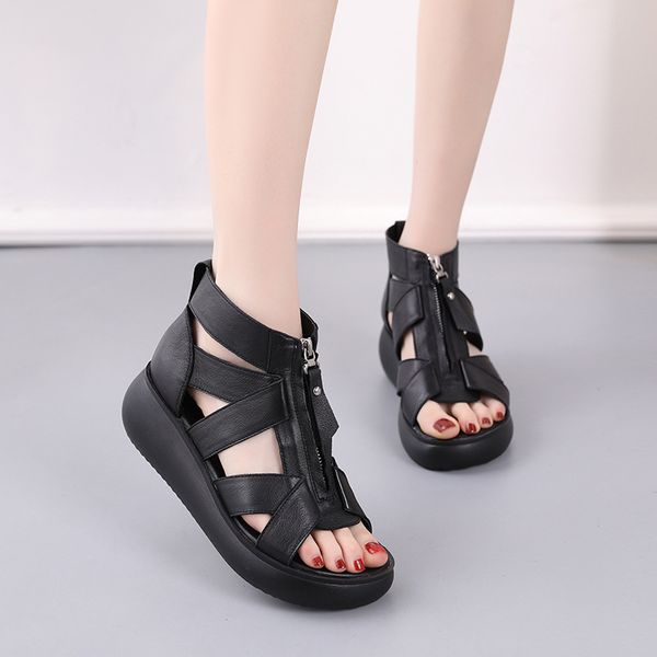 genuine leather sandals women's front zipper wedges heel medium heel rome sandals, Black
genuine leather sandals women's front zipper wedges heel medium heel rome sandals, Black