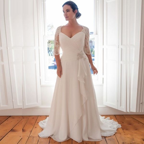 chiffon plus size wedding dresses sweetheart half sleeve ruffles summer wedding gowns a-line beaded waist pleats elegant bride dresses, White
chiffon plus size wedding dresses sweetheart half sleeve ruffles summer wedding gowns a-line beaded waist pleats elegant bride dresses, White