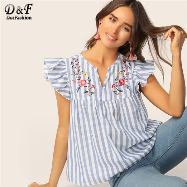 

dotfashion v-cut neck blouse women ruffle armhole floral embroidered summer 2019 fashion blouses for women blue striped, White