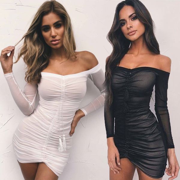 7608 european and american station black and white gauze tassel long sleeve strapless pleated women dress sexy, White;black 
7608 european and american station black and white gauze tassel long sleeve strapless pleated women dress sexy, White;black