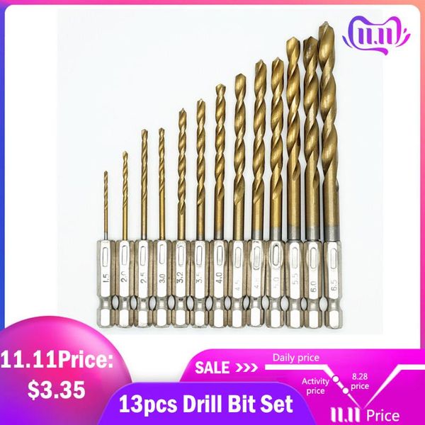 13pcs hss titanium coated drill bits high speed steel drill bit set 1/4 hex shank power drilling tool for wood 1.5-6.5mm
13pcs hss titanium coated drill bits high speed steel drill bit set 1/4 hex shank power drilling tool for wood 1.5-6.5mm